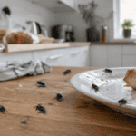 Several houseflies gathered on a wooden kitchen countertop and dirty plates with leftover food in a domestic kitchen, illustrating a common fly infestation and poor food hygiene.