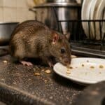 Brown rat feeding from a dirty plate on a kitchen worktop surrounded by crumbs and unwashed dishes, illustrating a rat infestation in a domestic kitchen.
