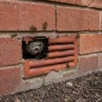 Active wasps entering and leaving an air brick on a brick house wall, indicating a hidden wasp nest inside the cavity wall of a UK property.