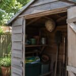Open wooden garden shed in a residential garden with an active wasp nest attached beneath the roof, surrounded by gardening tools and storage containers.