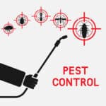 Exterminator with sprayer against cockroaches, mosquitoes, ants, ticks and fleas.