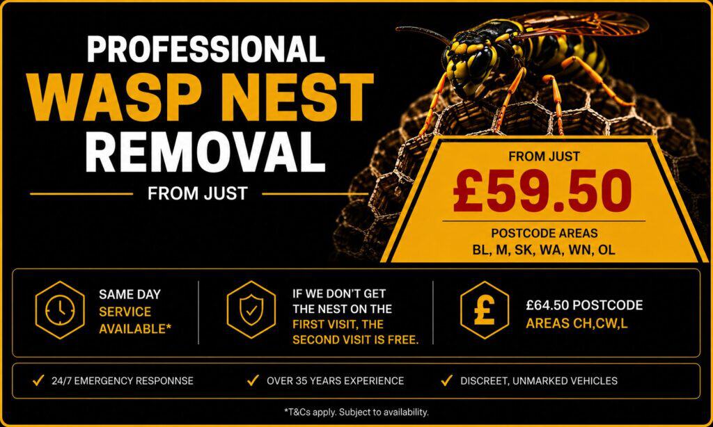 Professional wasp nest removal banner with pricing from £59.50 and same-day service.